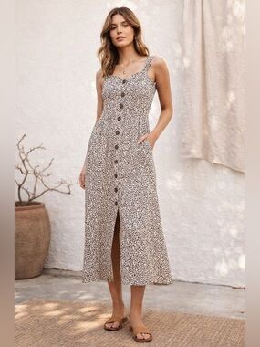 Japna Leopard Print Midi Dress Smocked Back Button Front Slip Dress M